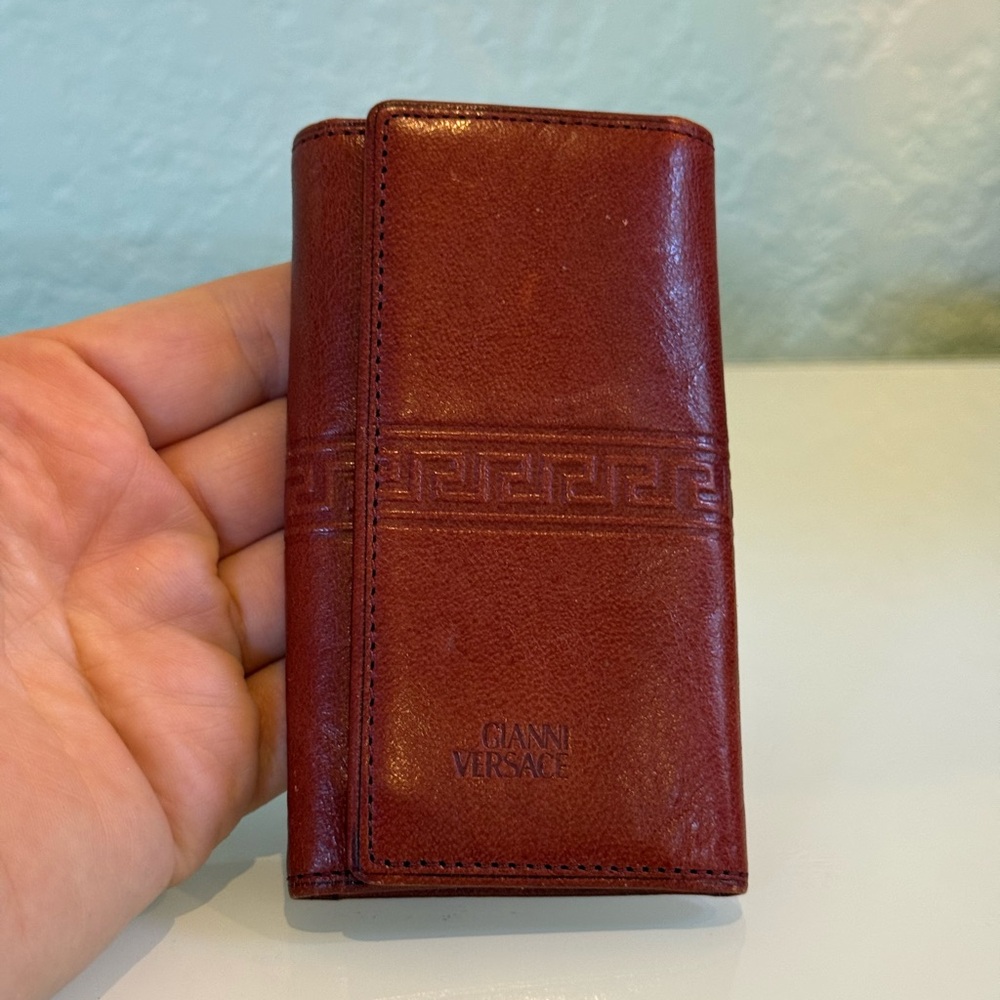 VERSACE vintage small keychain rare greek key holder wallet genuine real leather